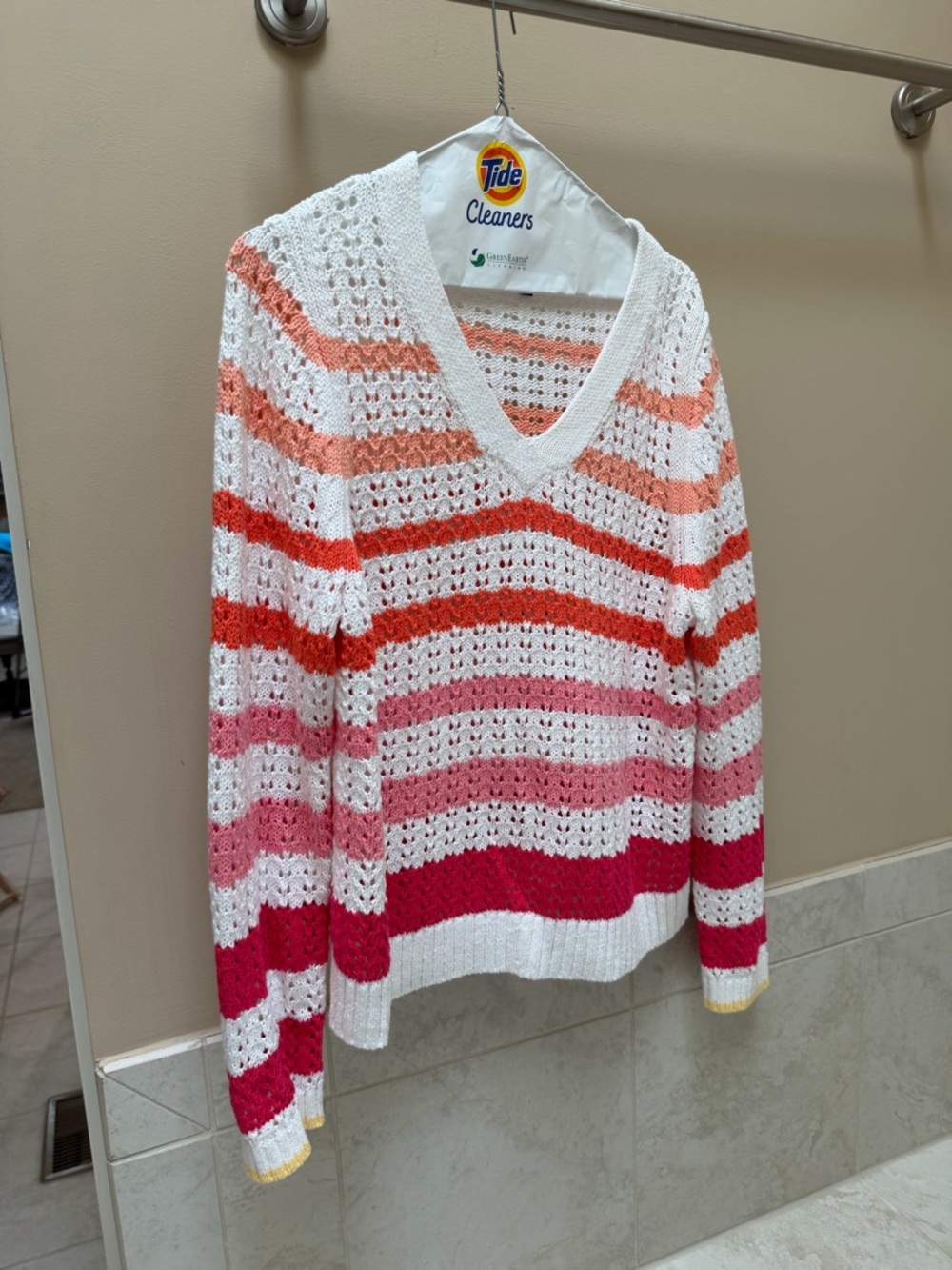 Talbots White V-Neck Crochet Sweater with Pink, Coral and Fuschia Stripes. PL